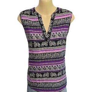 Sleeveless Elephant Print Blouse - Black and Purple